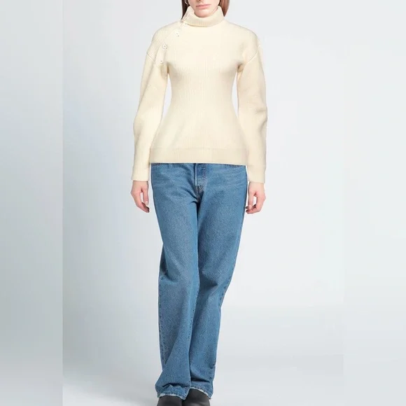Jil Sander Asymmetric Button Turtleneck Knit Sweater Ivory Long Sleeve Sz 34-S/M - Picture 3 of 16